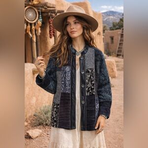 90’s Patchwork Velvet Tapestry Coat in Blue button up size Medium